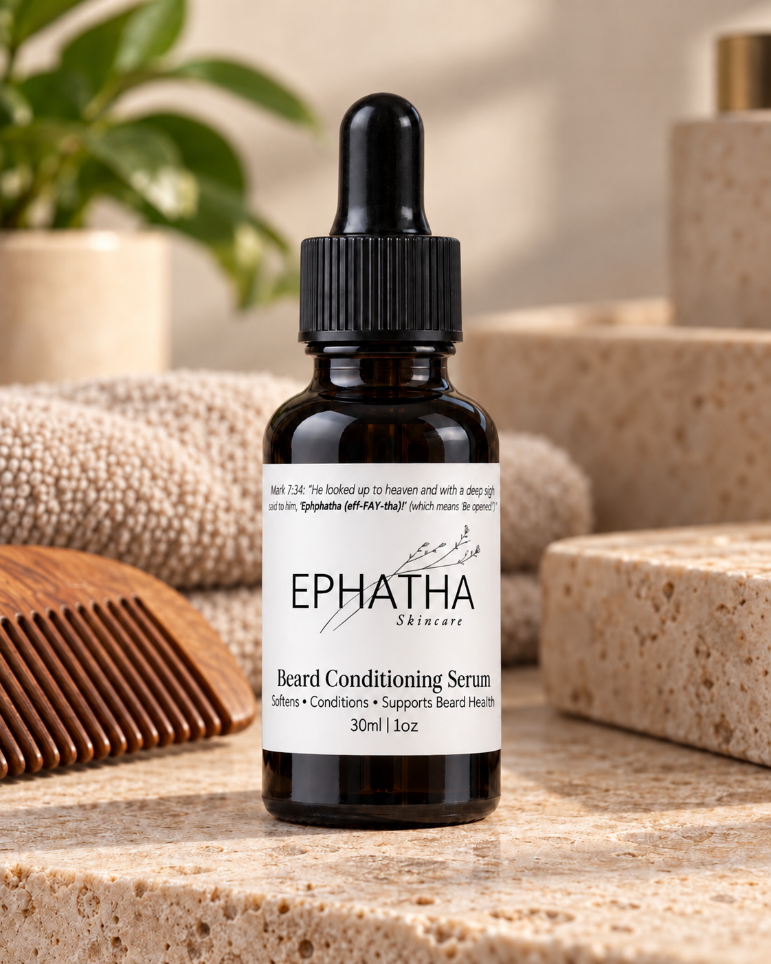 Ephatha Beard Conditioning Serum in a natural grooming setting