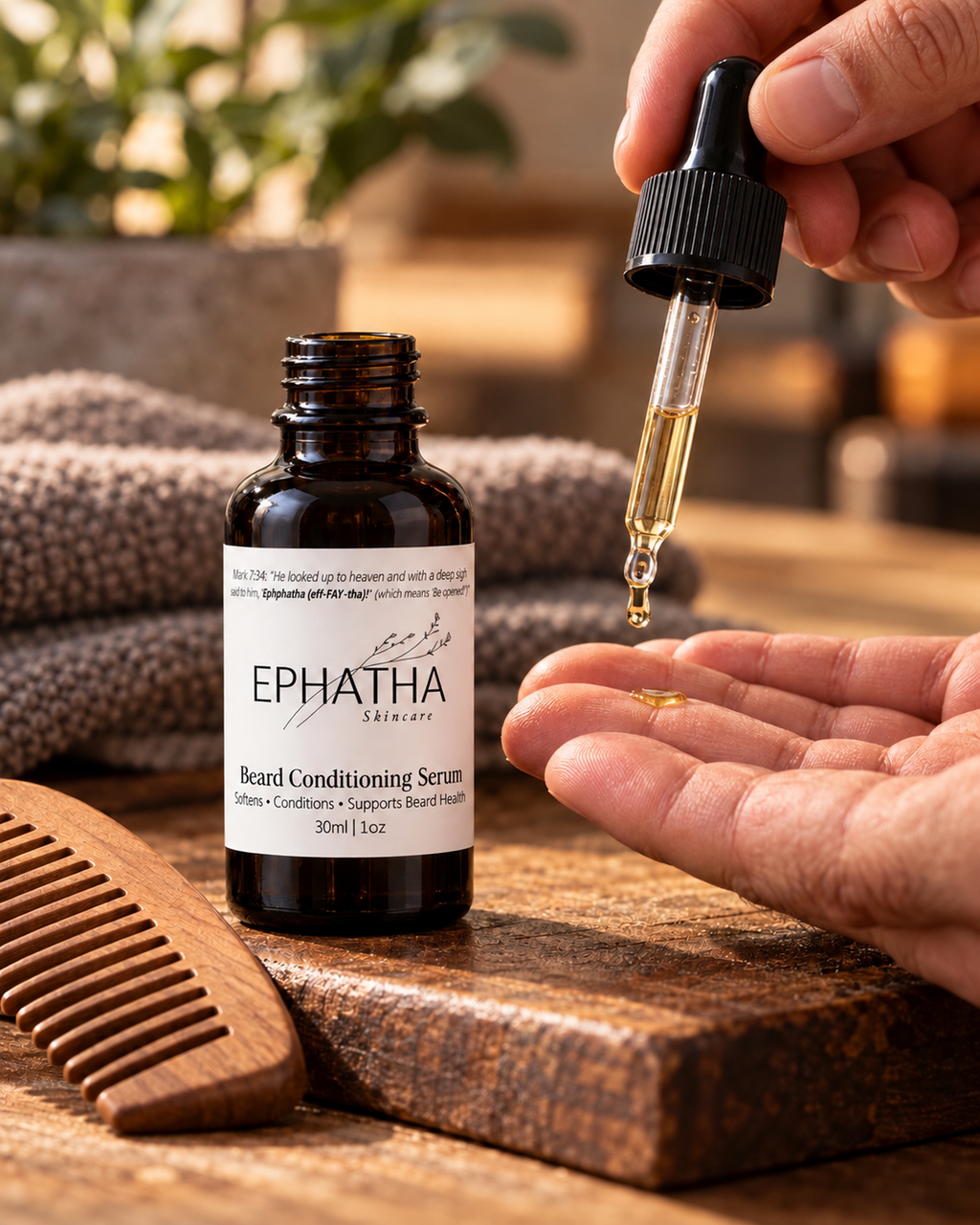 Using the dropper to dispense Ephatha Beard Conditioning Serum
