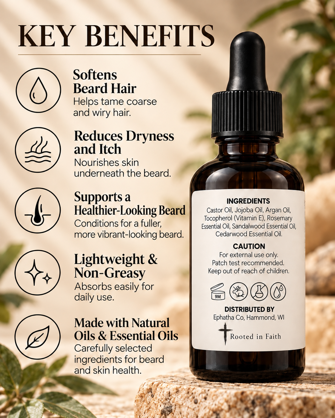 Ephatha Beard Conditioning Serum key benefits and back label ingredients