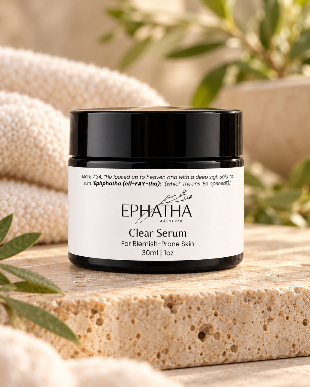 Ephatha Clear Serum for blemish-prone skin in a natural skincare setting