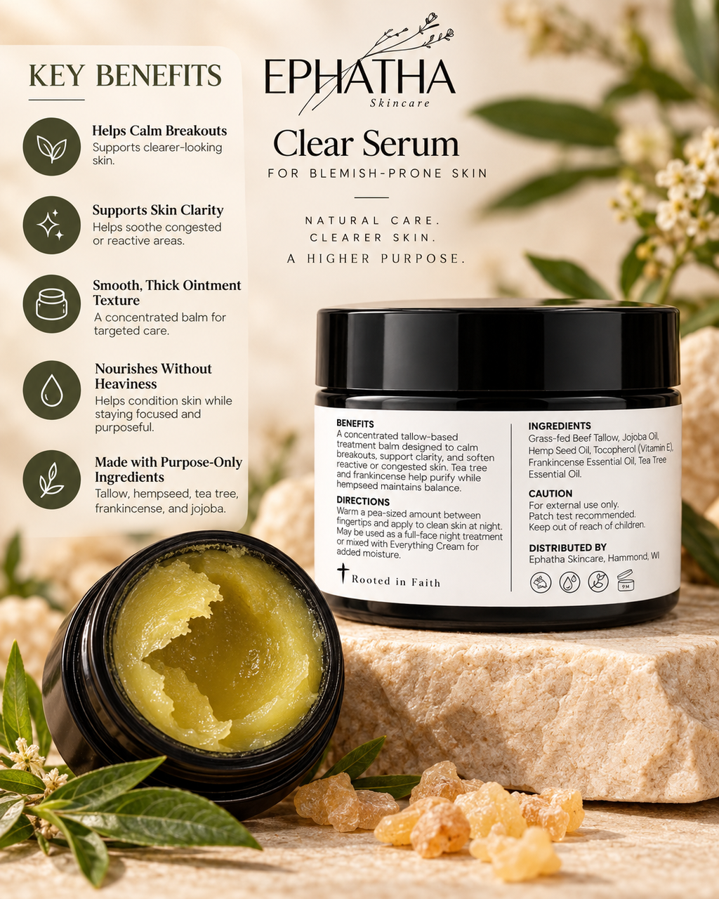 Ephatha Clear Serum key benefits with ingredients and back label information