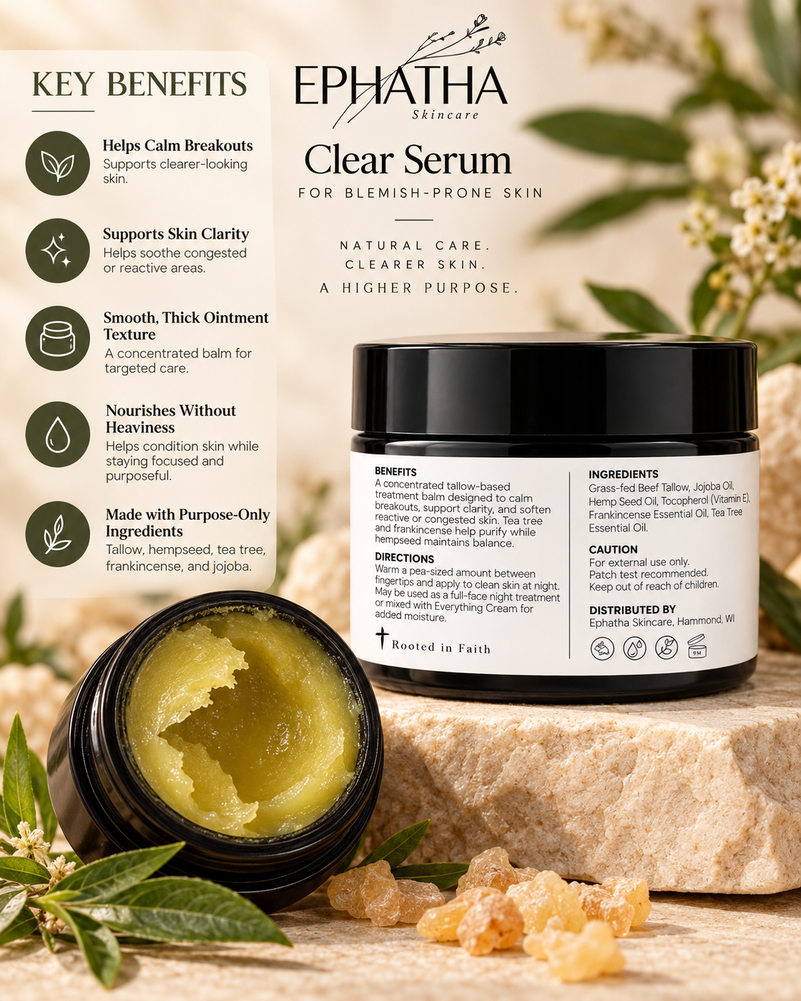 Ephatha Clear Serum key benefits with ingredients and back label information