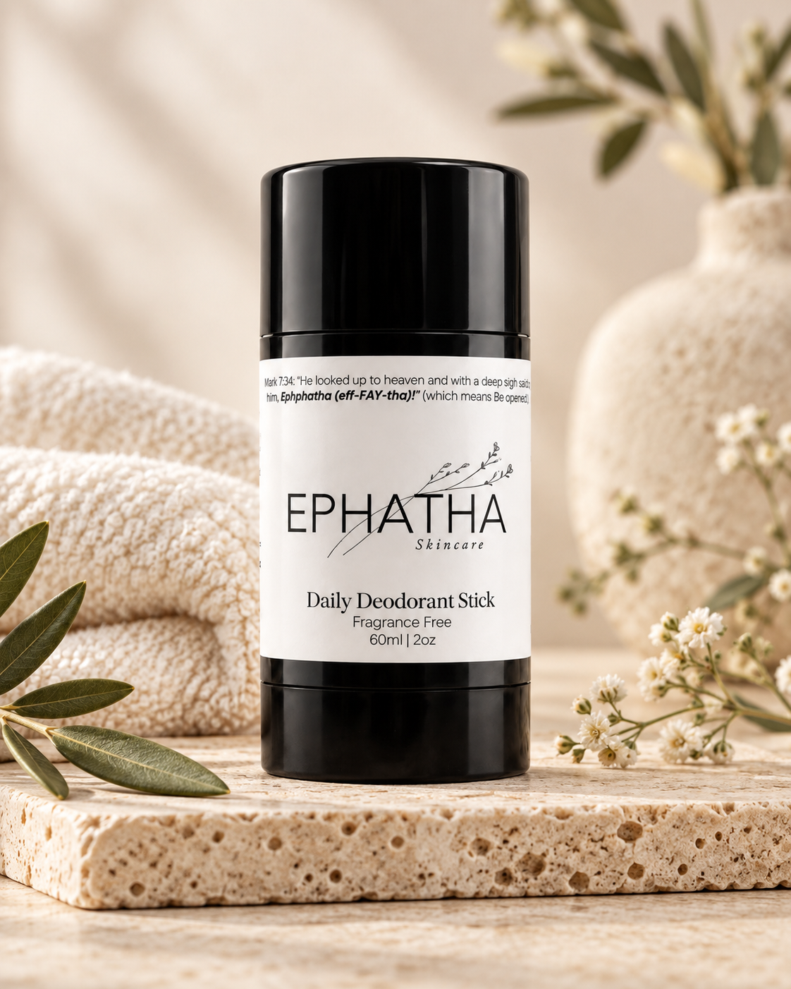 Ephatha Daily Deodorant Stick in a natural body care setting