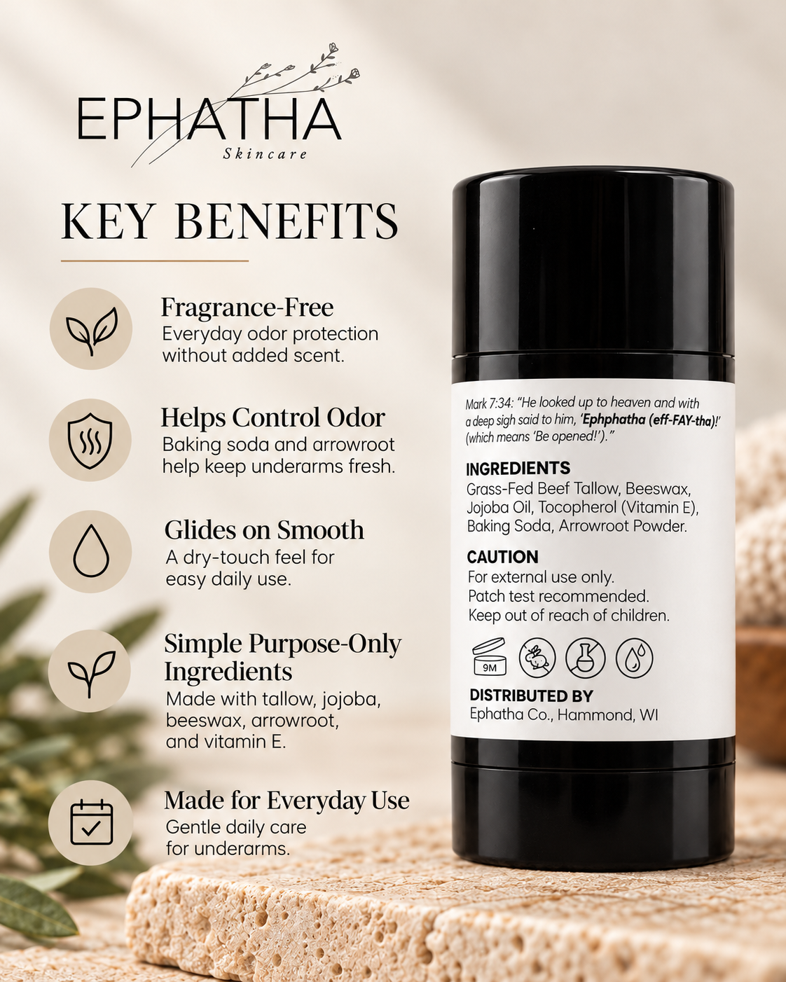 Ephatha Daily Deodorant Stick key benefits with back label ingredients