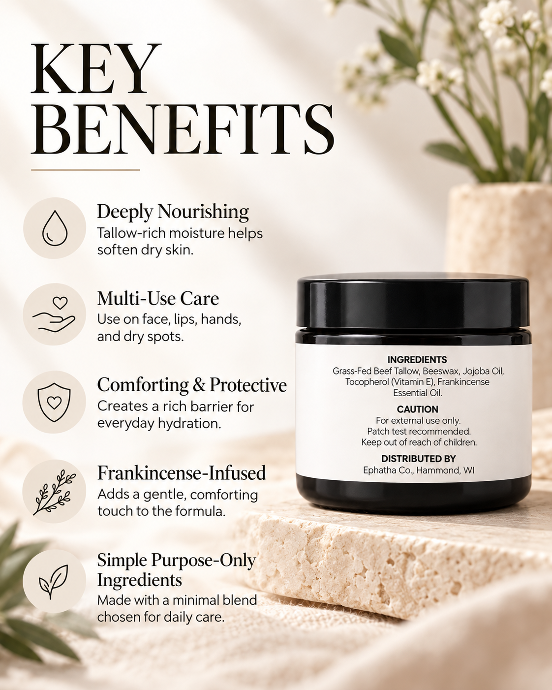 Ephatha Everything Balm key benefits with back label ingredients