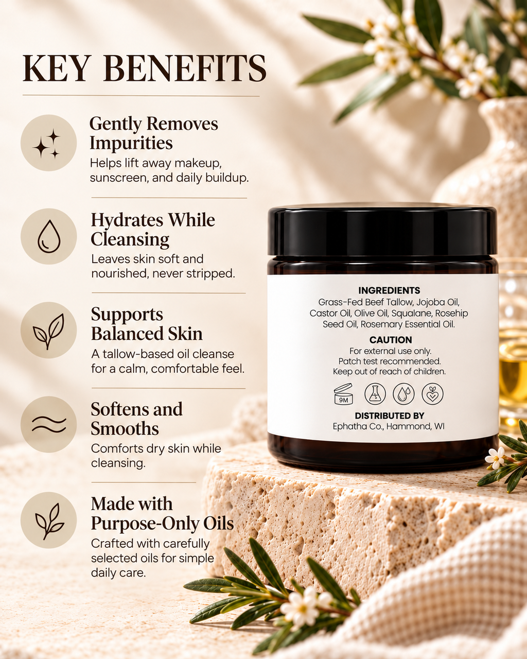Ephatha Gentle Cleanser key benefits with back label ingredients and directions