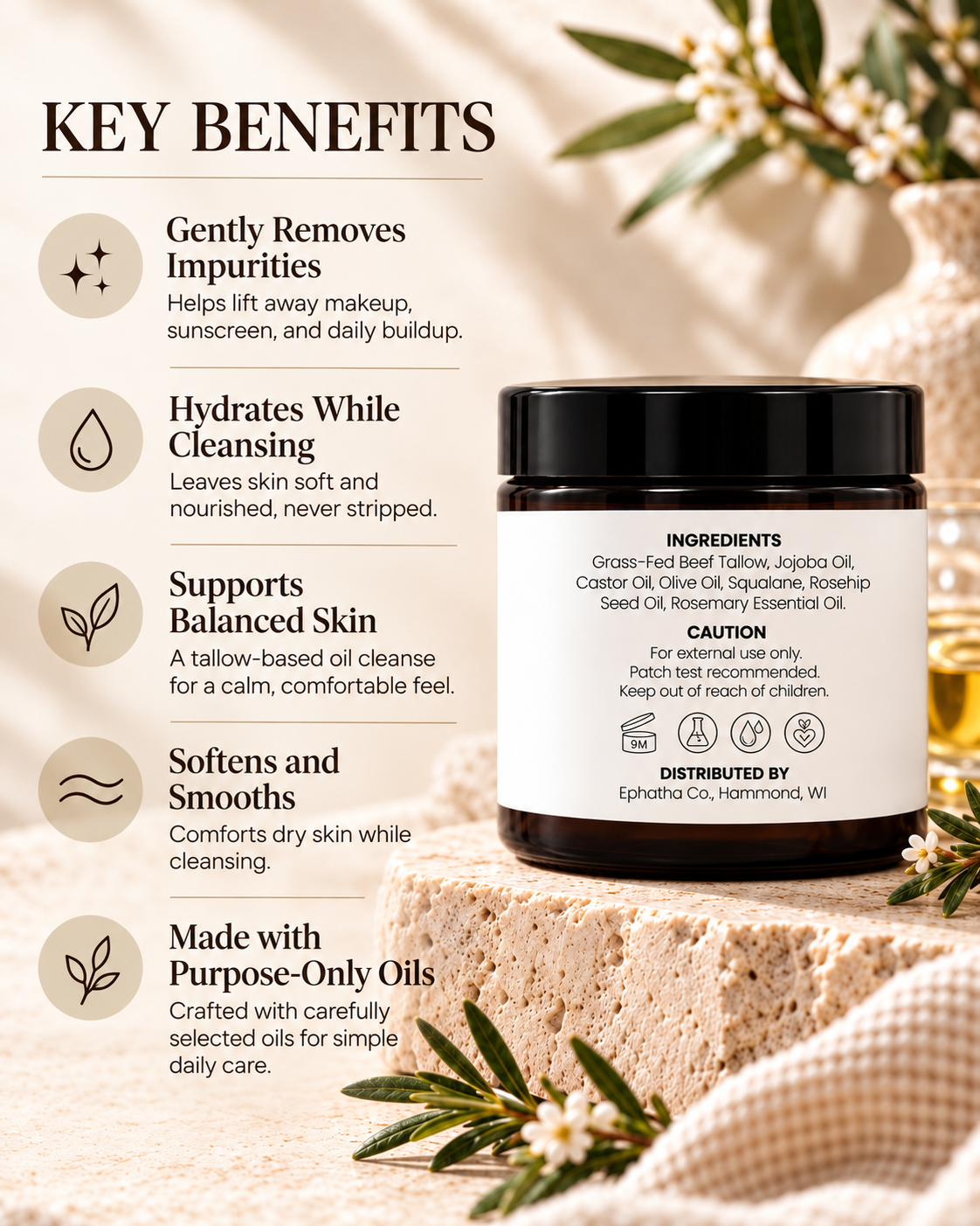 Ephatha Gentle Cleanser key benefits with back label ingredients and directions