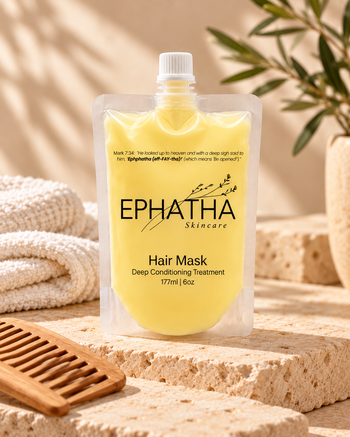Ephatha Hair Mask pouch with towel and comb on travertine