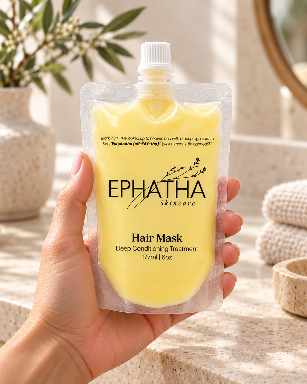 Ephatha Hair Mask pouch held in hand for scale