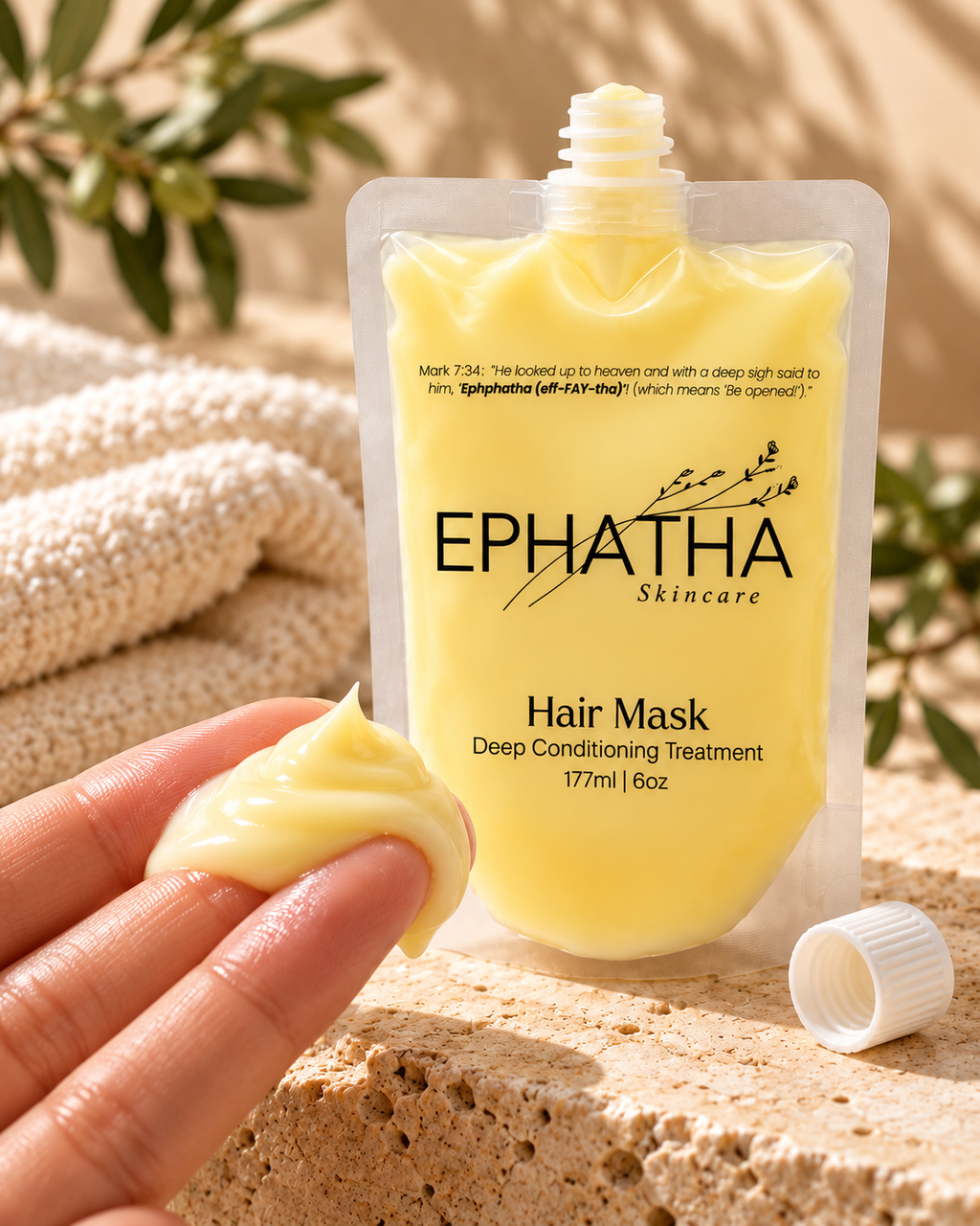 Ephatha Hair Mask balm texture and open pouch
