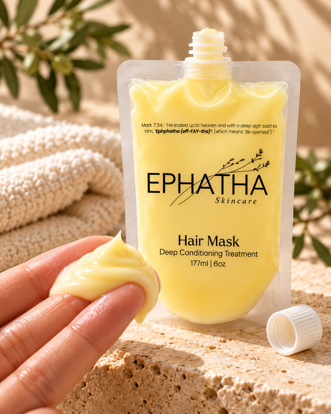 Ephatha Hair Mask balm texture and open pouch