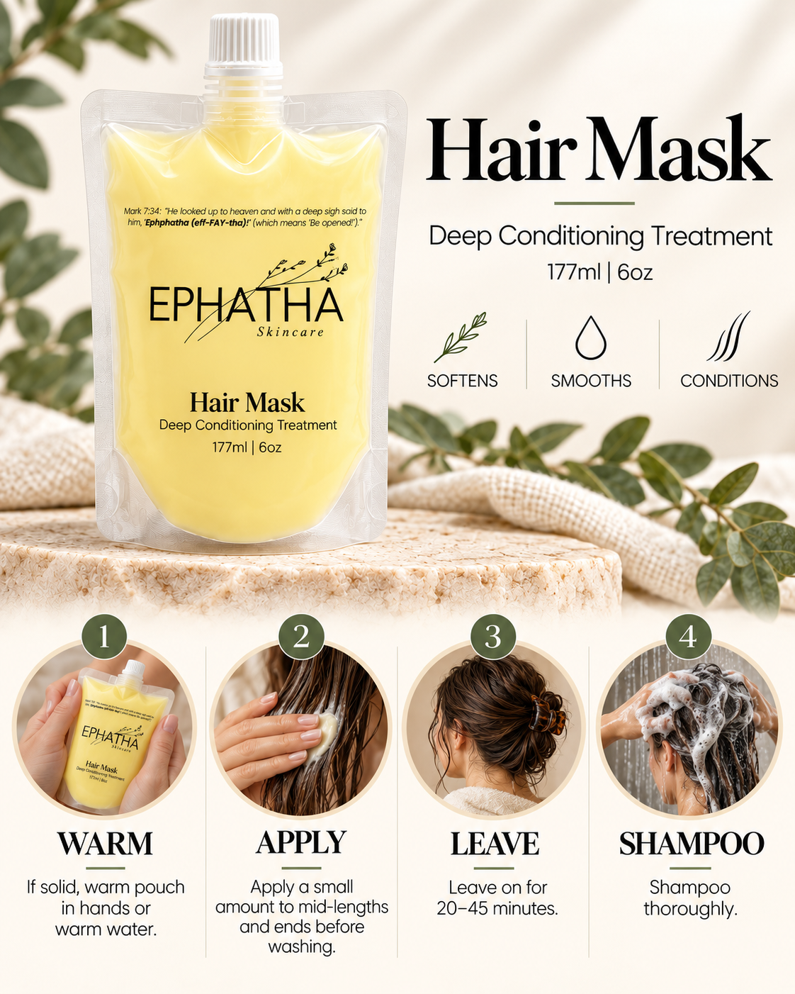 Ephatha Hair Mask directions: warm, apply, leave 20–45 minutes, shampoo