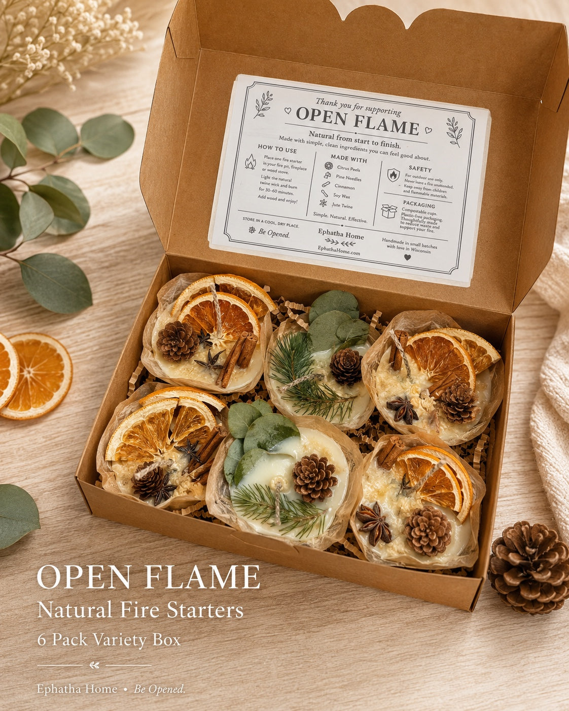 Open Flame Natural Fire Starters open box showing six fire starters
