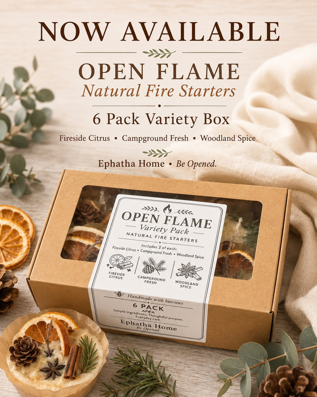 Open Flame Natural Fire Starters 6 Pack Variety Box by Ephatha Home