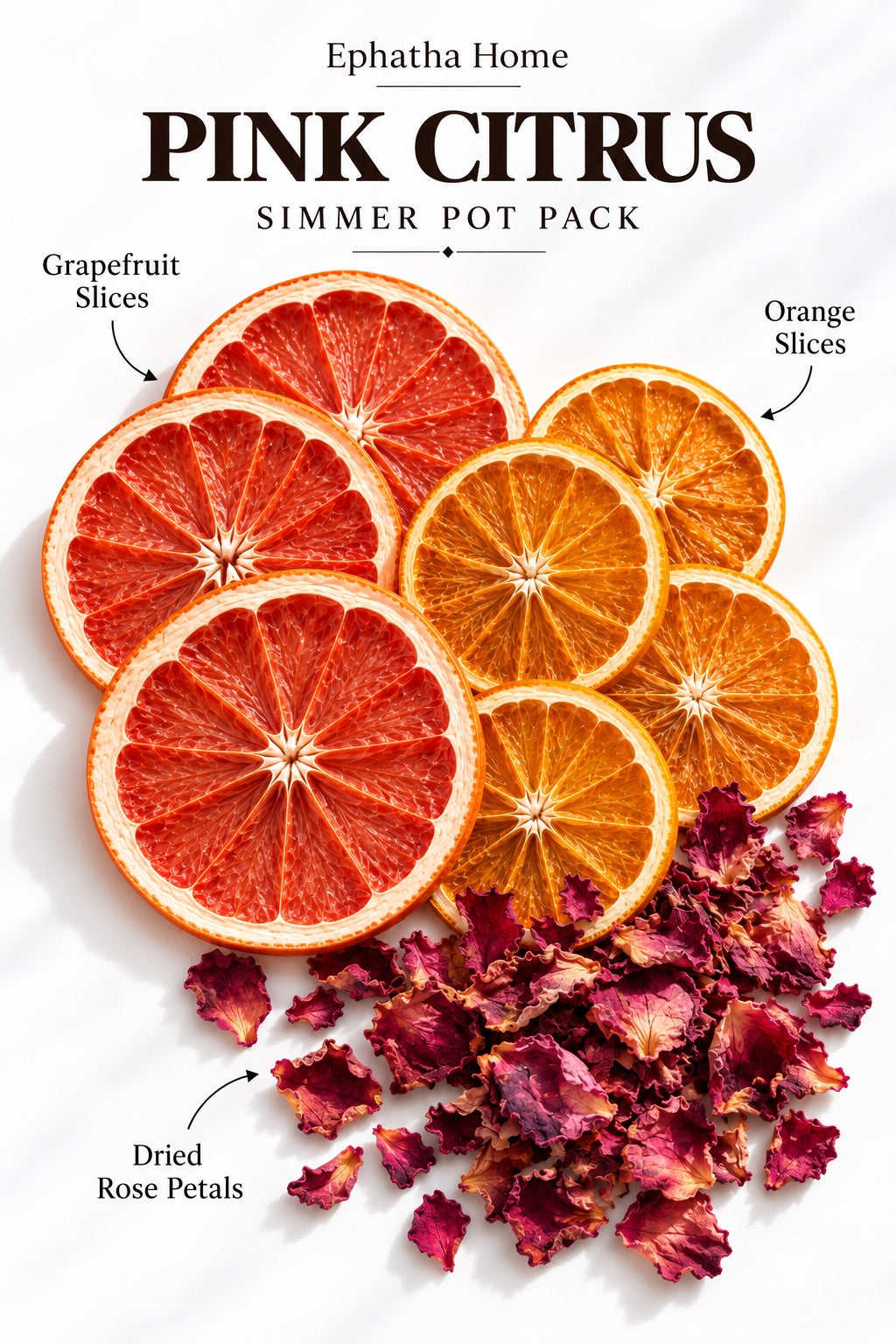 Pink Citrus ingredient guide: grapefruit slices, orange slices and dried rose petals
