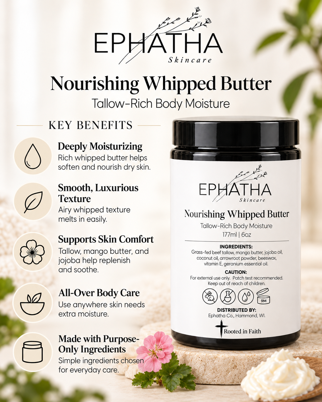 Ephatha Nourishing Whipped Butter key benefits and back label ingredients